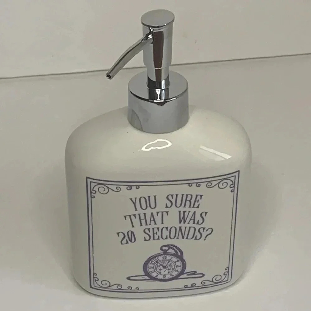 Soap Dispenser Our Name is Mud You Sure That Was 20 Seconds White, Purple New